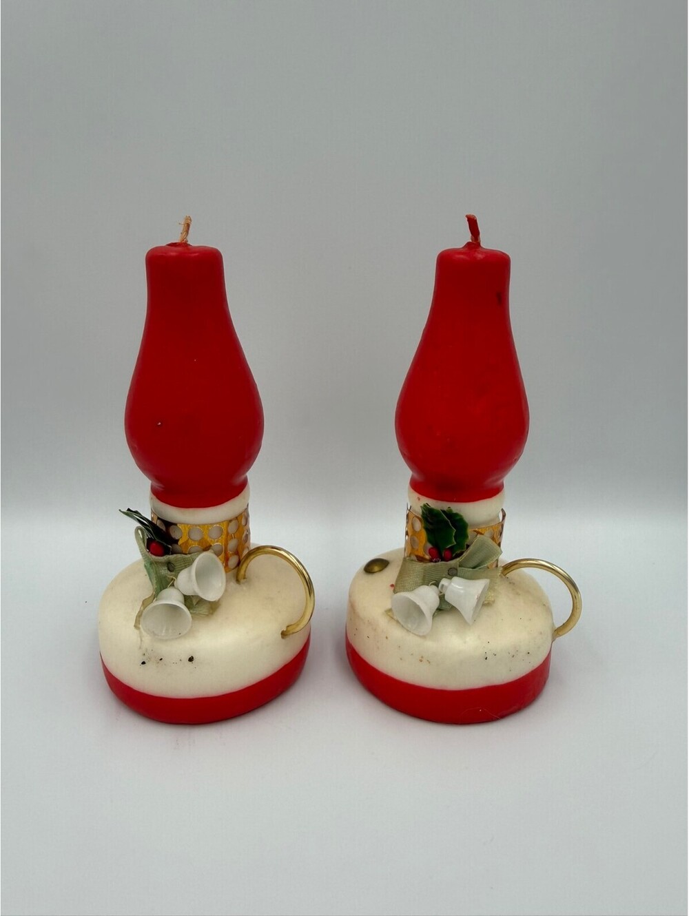 Vintage Christmas Oil Lamp Candles Pair Red White Holly Bells Lantern Figural